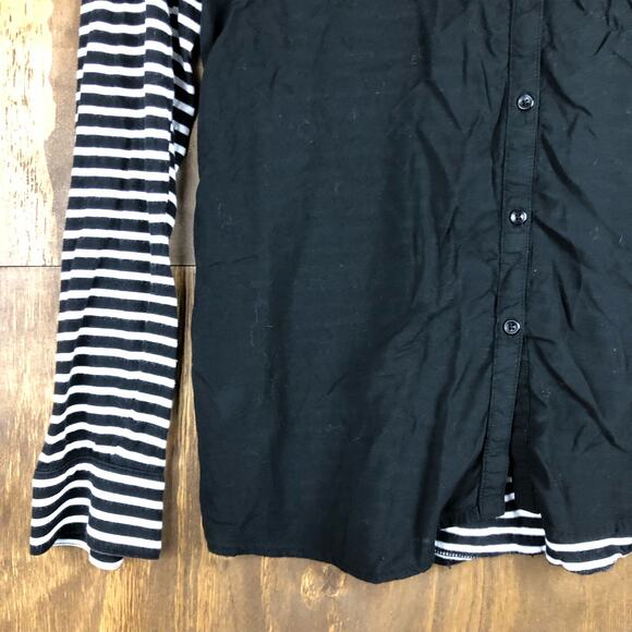 LOFT Womens Shirt Black White Striped Collared Sheer Long Sleeve Modal Blend L - Picture 4 of 15